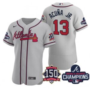 6863c3382f915_1 Men's Atlanta Braves #13 Ronald Acuna Jr. 2021 Grey World Series Champions With 150th Anniversary Flex Base Stitched Jersey