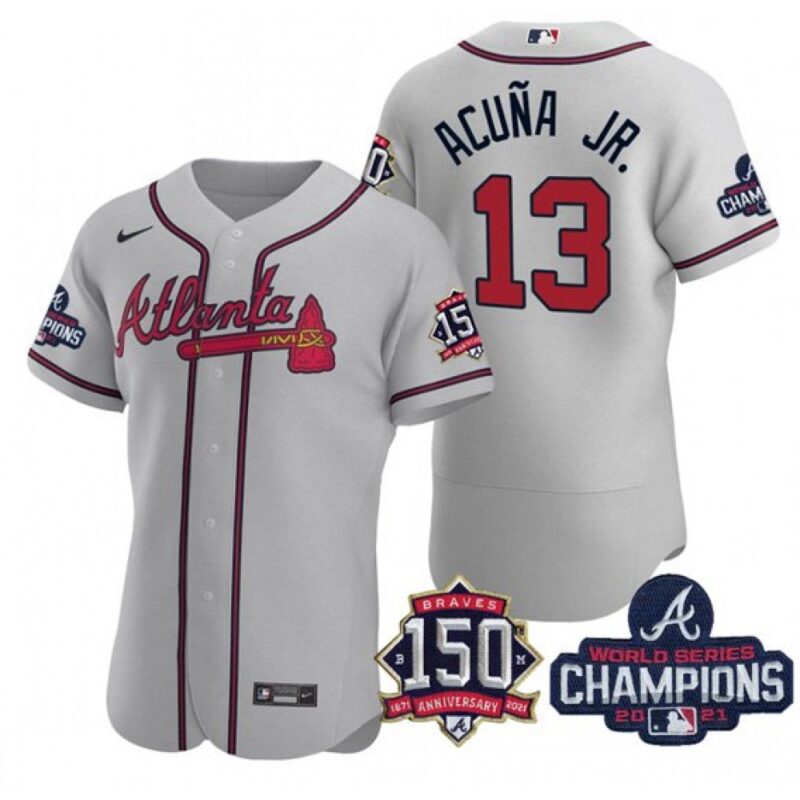 6863c3382f915_1 Men's Atlanta Braves #13 Ronald Acuna Jr. 2021 Grey World Series Champions With 150th Anniversary Flex Base Stitched Jersey