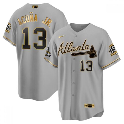 6863c33c7e96b_1 Men's Atlanta Braves #13 Ronald Acuna Jr. 2021 Grey/Gold World Series Champions With 150th Anniversary Patch Cool Base Stitched Jersey