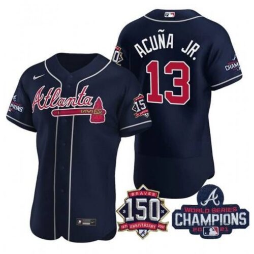 6863c348ac104_1 Men's Atlanta Braves #13 Ronald Acuna Jr. 2021 Navy World Series Champions With 150th Anniversary Flex Base Stitched Jersey