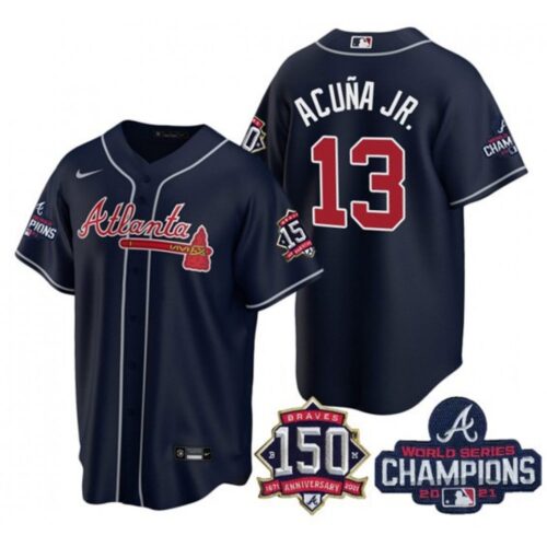 6863c34c58fe4_1 Men's Atlanta Braves #13 Ronald Acuna Jr. 2021 Navy World Series Champions With 150th Anniversary Patch Cool Base Stitched Jersey