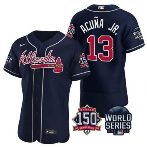 6863c35028d17_1 Men's Atlanta Braves #13 Ronald Acuna Jr. 2021 Navy World Series With 150th Anniversary Patch Stitched Baseball Jersey