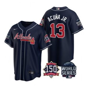 6863c35399fa1_1 Men's Atlanta Braves #13 Ronald Acuna Jr. 2021 Navy World Series With 150th Anniversary Patch Cool Base Stitched Jersey