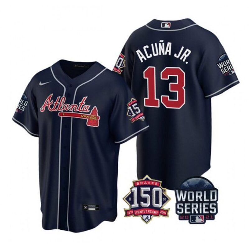 6863c35399fa1_1 Men's Atlanta Braves #13 Ronald Acuna Jr. 2021 Navy World Series With 150th Anniversary Patch Cool Base Stitched Jersey