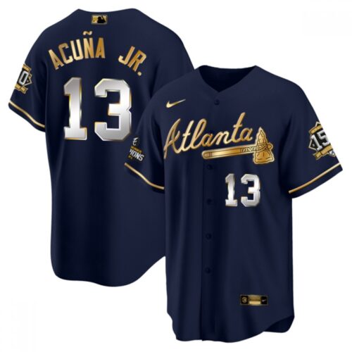 6863c35748160_1 Men's Atlanta Braves #13 Ronald Acuna Jr. 2021 Navy/Gold World Series Champions With 150th Anniversary Patch Cool Base Stitched Jersey
