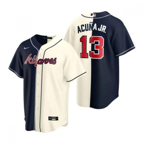 6863c35e536d0_1 Men's Atlanta Braves #13 Ronald Acuna Jr. Navy/Cream Split Cool Base Stitched Baseball Jersey