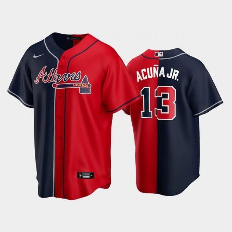 6863c3625d75c_1 Men's Atlanta Braves #13 Ronald Acuna Jr. Navy/Red Split Cool Base Stitched Baseball Jersey