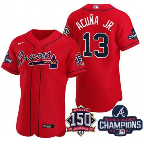 6863c3732077c_1 Men's Atlanta Braves #13 Ronald Acuna Jr. 2021 Red World Series Champions With 150th Anniversary Flex Base Stitched Jersey