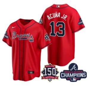 6863c37aa5948_1 Men's Atlanta Braves #13 Ronald Acuna Jr. 2021 Red World Series Champions With 150th Anniversary Patch Cool Base Stitched Jersey