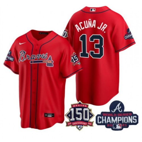 6863c37aa5948_1 Men's Atlanta Braves #13 Ronald Acuna Jr. 2021 Red World Series Champions With 150th Anniversary Patch Cool Base Stitched Jersey