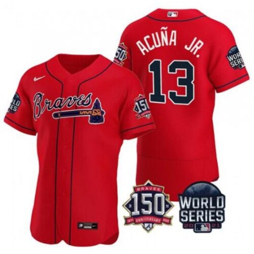 6863c37e81a05_1 Men's Atlanta Braves #13 Ronald Acuna Jr. 2021 Red World Series With 150th Anniversary Patch Stitched Baseball Jersey