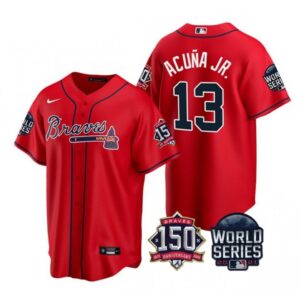 6863c382bf35e_1 Men's Atlanta Braves #13 Ronald Acuna Jr. 2021 Red World Series With 150th Anniversary Patch Cool Base Stitched Jersey