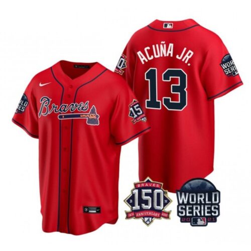6863c382bf35e_1 Men's Atlanta Braves #13 Ronald Acuna Jr. 2021 Red World Series With 150th Anniversary Patch Cool Base Stitched Jersey