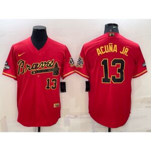 6863c386c35ab_1 Men's Atlanta Braves #13 Ronald Acuna Jr. Red Gold Cool Base Stitched Baseball Jersey