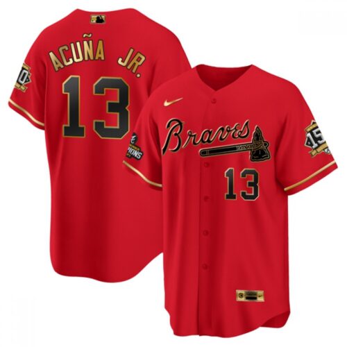 6863c38abb5ad_1 Men's Atlanta Braves #13 Ronald Acuna Jr. 2021 Red/Gold World Series Champions With 150th Anniversary Patch Cool Base Stitched Jersey