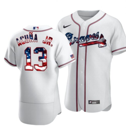 6863c3aaba88f_1 Men's Atlanta Braves #13 Ronald Acuna Jr White 2020 Stars & Stripes Flex Base Stitched Jersey