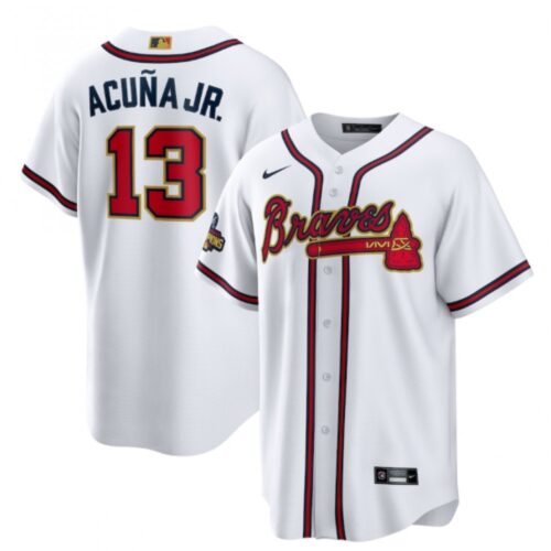 6863c3b6568e8_1 Men's Atlanta Braves #13 Ronald Acuna Jr. 2022 White/Gold World Series Champions Program Cool Base Stitched Baseball Jersey