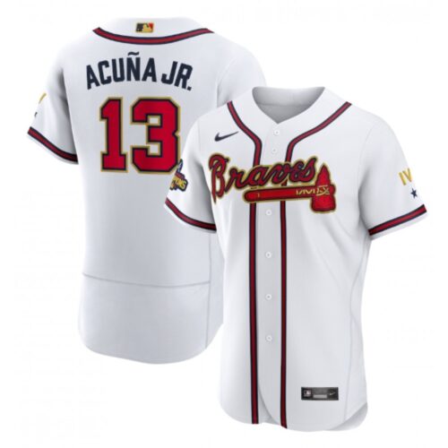 6863c3d5bbaae_1 Men's Atlanta Braves #13 Ronald Acuna Jr. 2022 White/Gold World Series Champions Program Flex Base Stitched Baseball Jersey