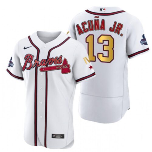 6863c3d93e08b_1 Men's Atlanta Braves #13 Ronald Acuna Jr. White Gold World Series Champions Flex Base Stitched Jersey