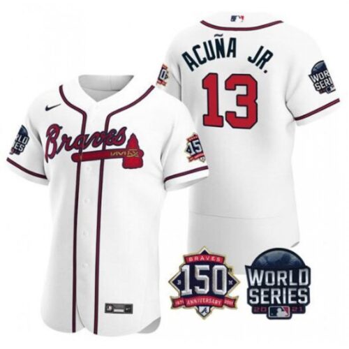6863c3f23bae0_1 Men's Atlanta Braves #13 Ronald Acuna Jr. 2021 White World Series With 150th Anniversary Patch Stitched Baseball Jersey