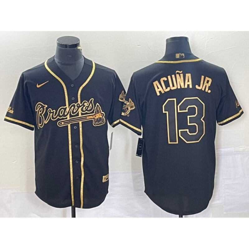 6863c41b12b6e_1 Men's Atlanta Braves #13 Ronald Acuna Jr. Black Gold Cool Base Stitched Baseball Jersey