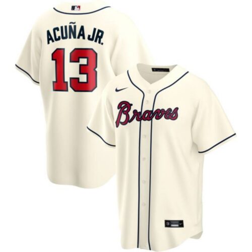 6863c42d645b6_1 Men's Atlanta Braves #13 Ronald Acuna Jr Cream Cool Base Stitched Jersey