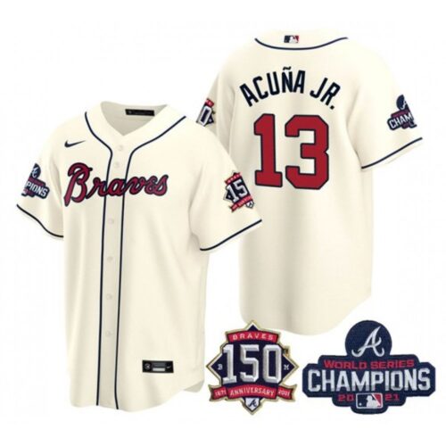 6863c431256a8_1 Men's Atlanta Braves #13 Ronald Acuna Jr. 2021 Cream World Series Champions With 150th Anniversary Patch Cool Base Stitched Jersey
