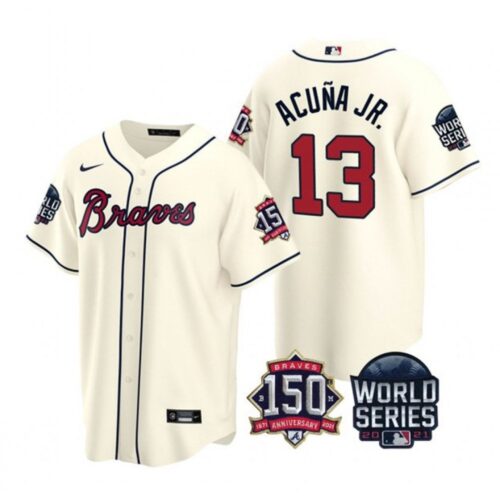 6863c434a0e27_1 Men's Atlanta Braves #13 Ronald Acuna Jr. 2021 Cream World Series With 150th Anniversary Patch Cool Base Stitched Jersey