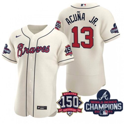 6863c43813dad_1 Men's Atlanta Braves #13 Ronald Acuna Jr. 2021 Cream World Series Champions With 150th Anniversary Flex Base Stitched Jersey