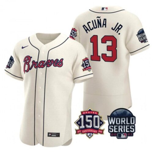 6863c43b60e21_1 Men's Atlanta Braves #13 Ronald Acuna Jr. 2021 Cream World Series With 150th Anniversary Patch Stitched Baseball Jersey