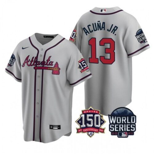 6863c43f0db88_1 Men's Atlanta Braves #13 Ronald Acuna Jr. 2021 Gray World Series With 150th Anniversary Patch Cool Base Stitched Jersey