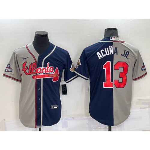 6863c44281664_1 Men's Atlanta Braves #13 Ronald Acuna Jr. Gray Navy Two Tone Split Cool Base Stitched Baseball Jersey