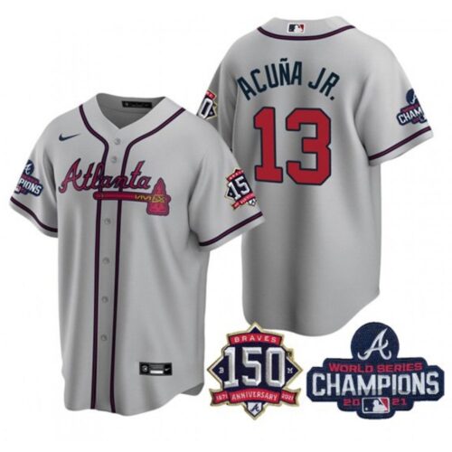 6863c450a10e7_1 Men's Atlanta Braves #13 Ronald Acuna Jr. 2021 Grey World Series Champions With 150th Anniversary Patch Cool Base Stitched Jersey
