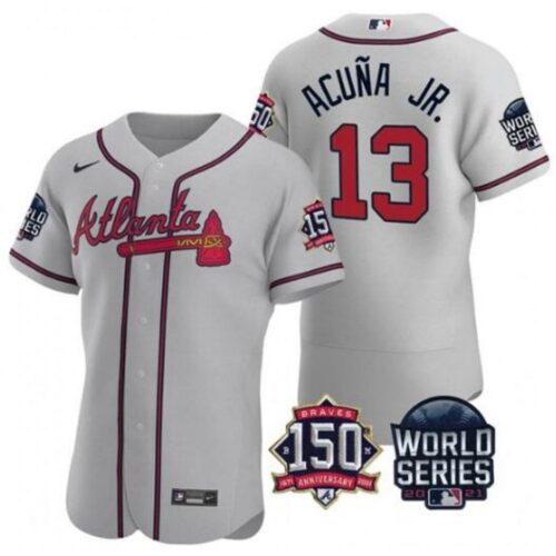 6863c4540d98c_1 Men's Atlanta Braves #13 Ronald Acuna Jr. 2021 Grey World Series With 150th Anniversary Patch Stitched Baseball Jersey