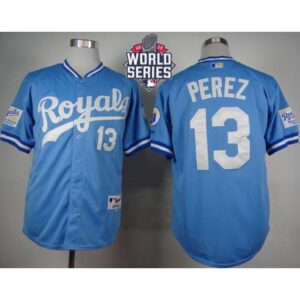 6863c4698c100_1 Royals #13 Salvador Perez Light Blue 1985 Turn Back The Clock W/2015 World Series Patch Stitched MLB Jersey