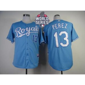 6863c47edf203_1 Royals #13 Salvador Perez Light Blue Cool Base W/2015 World Series Patch Stitched MLB Jersey