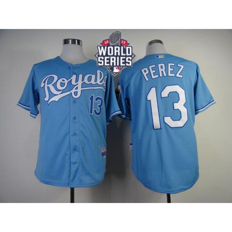 6863c47edf203_1 Royals #13 Salvador Perez Light Blue Cool Base W/2015 World Series Patch Stitched MLB Jersey