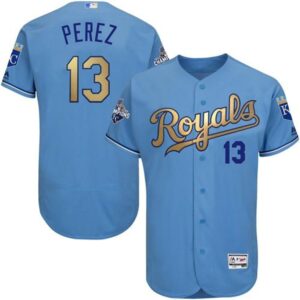 6863c485ee20e_1 Royals #13 Salvador Perez Light Blue FlexBase Authentic 2015 World Series Champions Gold Program Stitched MLB Jersey
