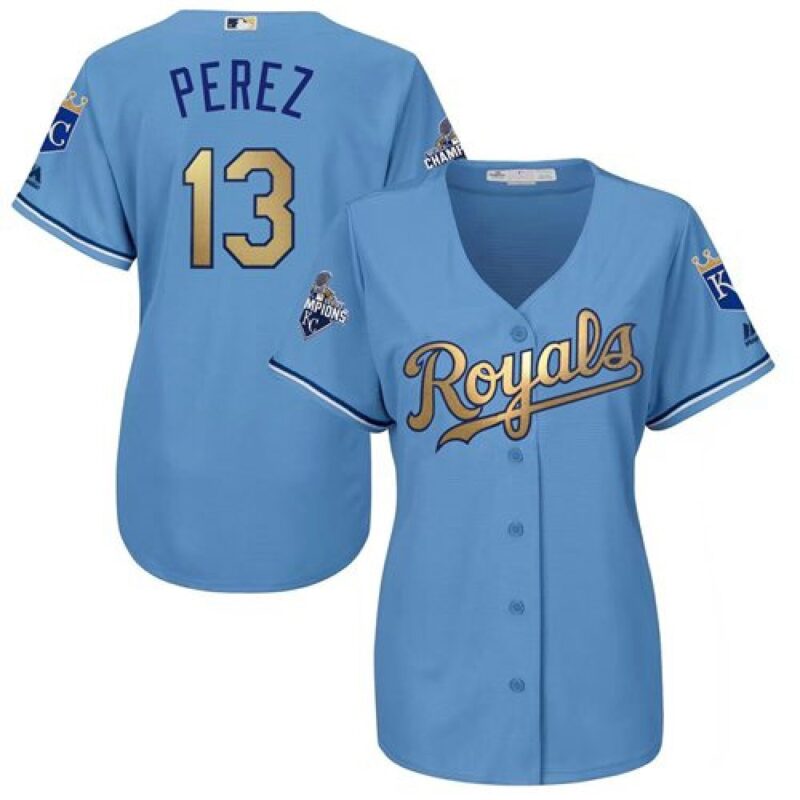 6863c48d45039_1 Royals #13 Salvador Perez Light Blue Women's 2015 World Series Champions Gold Program Cool Base Stitched MLB Jersey