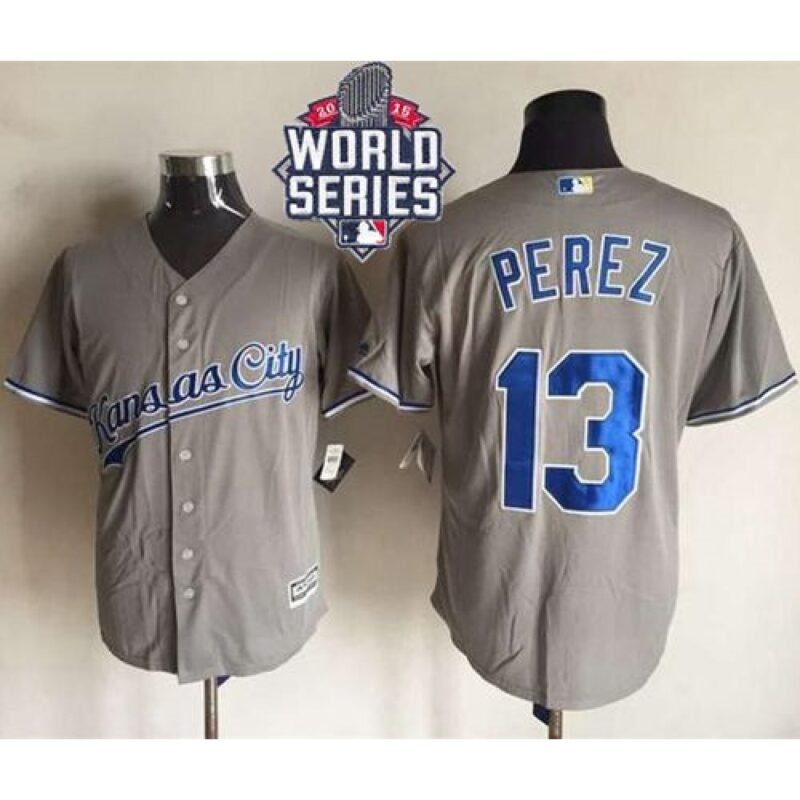 6863c4936c635_1 Royals #13 Salvador Perez New Grey Cool Base W/2015 World Series Patch Stitched MLB Jersey