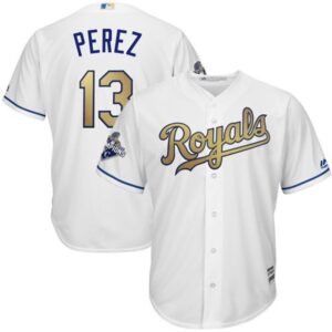 6863c49de71da_1 Royals #13 Salvador Perez White 2015 World Series Champions Gold Program Cool Base Stitched Youth MLB Jersey