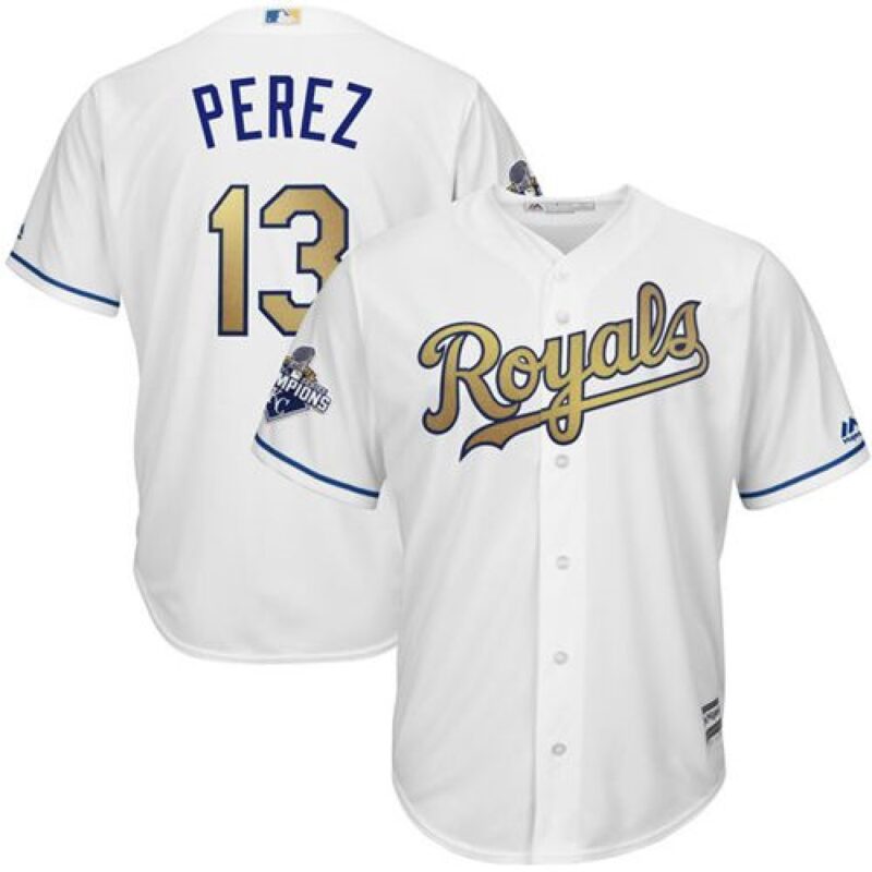 6863c49de71da_1 Royals #13 Salvador Perez White 2015 World Series Champions Gold Program Cool Base Stitched Youth MLB Jersey