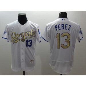 6863c4a38f7d6_1 Royals #13 Salvador Perez White 2015 World Series Champions Gold Program FlexBase Authentic Stitched MLB Jersey