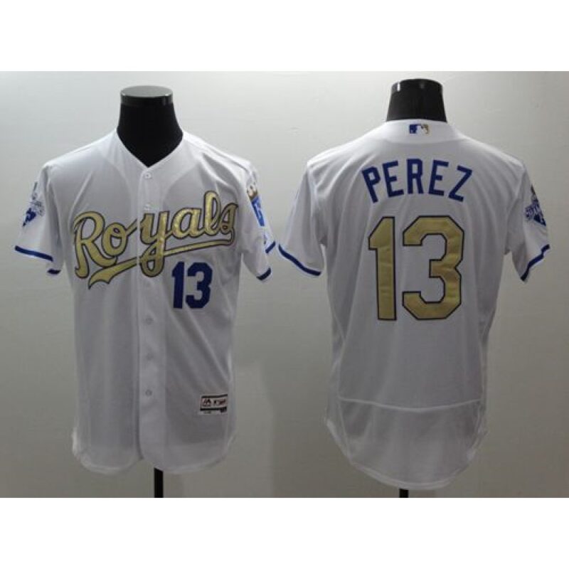 6863c4a38f7d6_1 Royals #13 Salvador Perez White 2015 World Series Champions Gold Program FlexBase Authentic Stitched MLB Jersey
