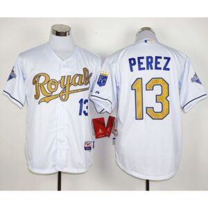 6863c4a71fb9f_1 Royals #13 Salvador Perez White 2015 World Series Champions Gold Program Stitched MLB Jersey