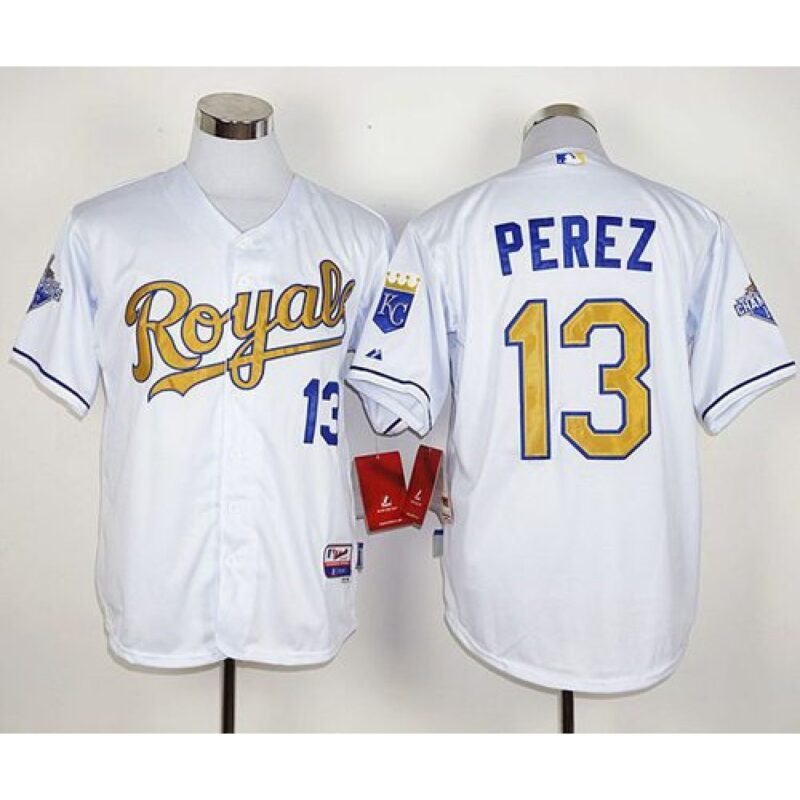6863c4a71fb9f_1 Royals #13 Salvador Perez White 2015 World Series Champions Gold Program Stitched MLB Jersey
