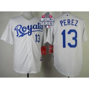 6863c4ae4c50f_1 Royals #13 Salvador Perez White Cool Base W/2015 World Series Patch Stitched MLB Jersey