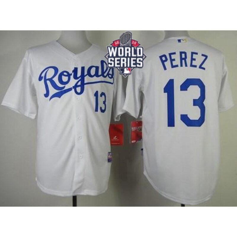 6863c4ae4c50f_1 Royals #13 Salvador Perez White Cool Base W/2015 World Series Patch Stitched MLB Jersey