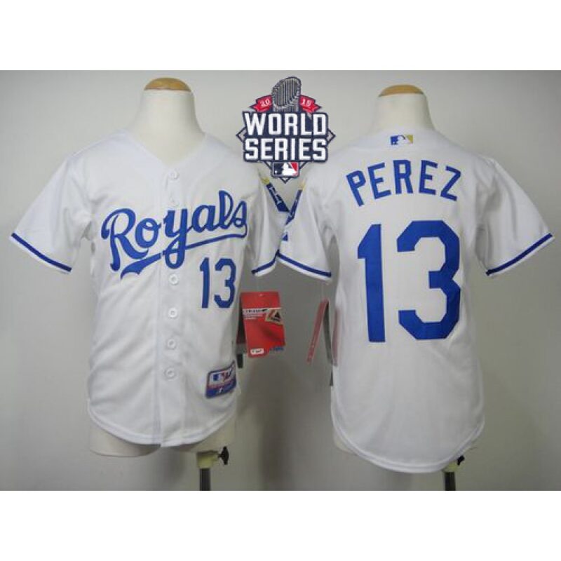 6863c4b19fca7_1 Royals #13 Salvador Perez White Cool Base W/2015 World Series Patch Stitched Youth MLB Jersey