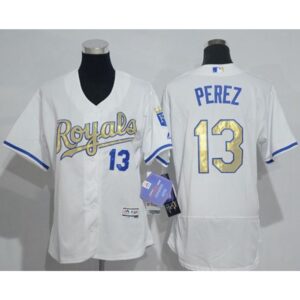6863c4b46c934_1 Royals #13 Salvador Perez White Flexbase Authentic 2015 World Series Champions Gold Program Cool Base Women's Stitched MLB Jersey